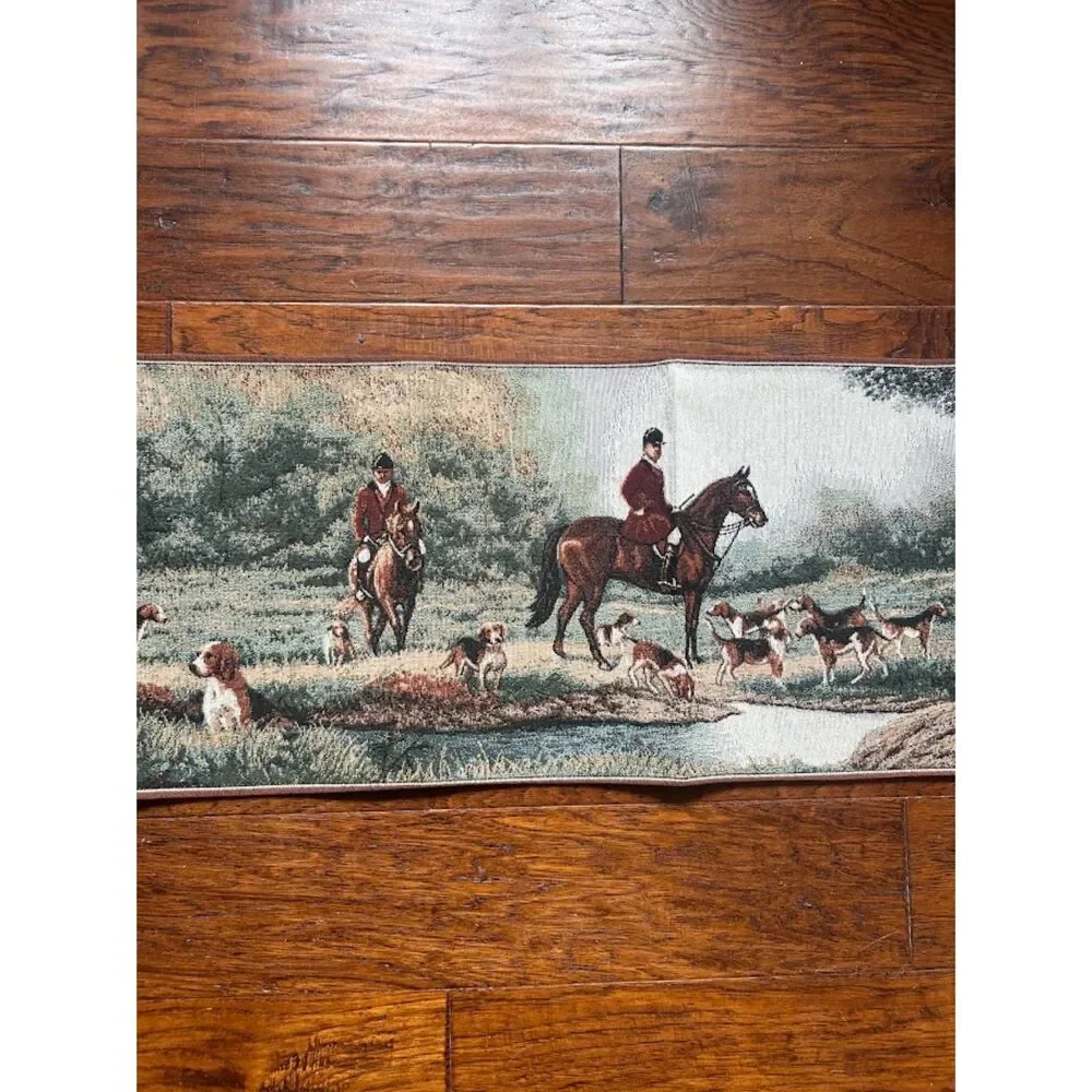 Vintage Fox Hunt Tapestry Wall Hanging Panoramic English Equestrian Scene